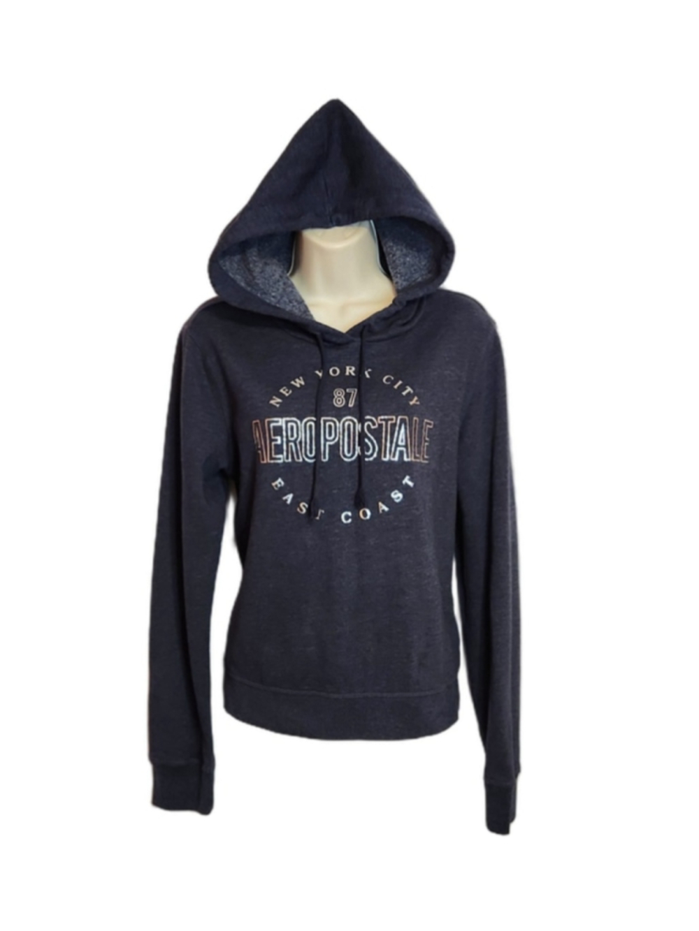 Aeropostale Comfy Fleece SIlver Graphic Navy Pullover Hoodie Sweatshirt Medium